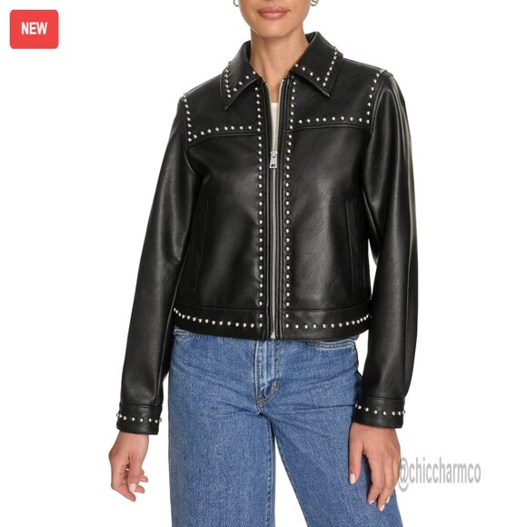 Faux Leather Studded Jacket with Zip Front and Pockets